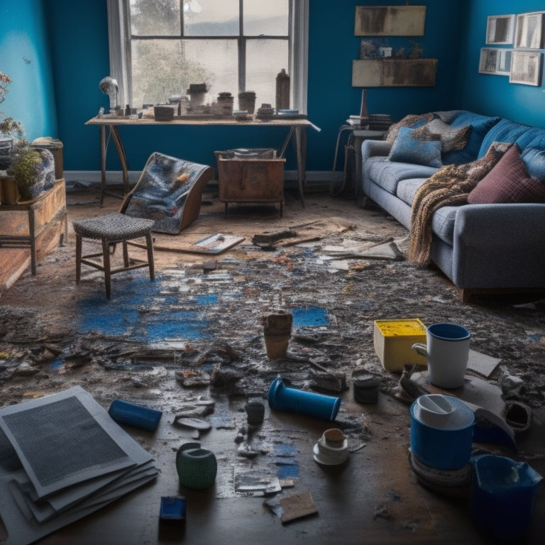 A messy living room with scattered renovation tools, paint swatches, and product samples, surrounded by torn-out flooring, exposed wiring, and half-painted walls, with a faint blueprint on a cluttered coffee table.