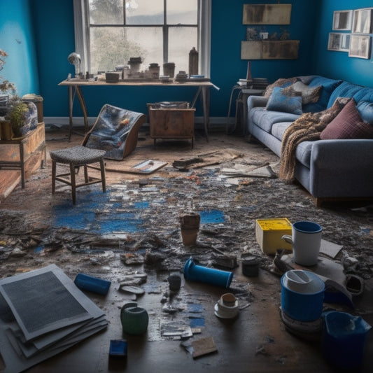 A messy living room with scattered renovation tools, paint swatches, and product samples, surrounded by torn-out flooring, exposed wiring, and half-painted walls, with a faint blueprint on a cluttered coffee table.