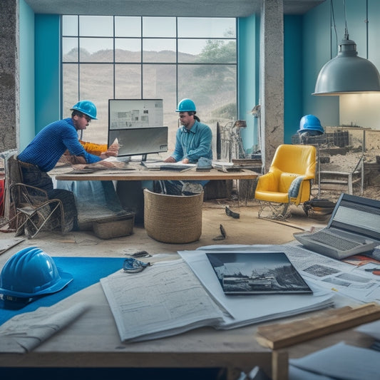 A cluttered construction site transforms into a sleek, modern living room, with a laptop and smartphone displaying renovation plans and timelines, surrounded by blueprints, hard hats, and design swatches.