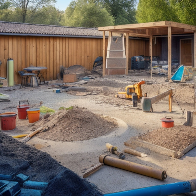 A cluttered construction site with a partially demolished concrete patio, surrounded by various tools including a jackhammer, concrete saw, demo hammer, and pry bars, with a faint outline of a renovated backyard in the background.