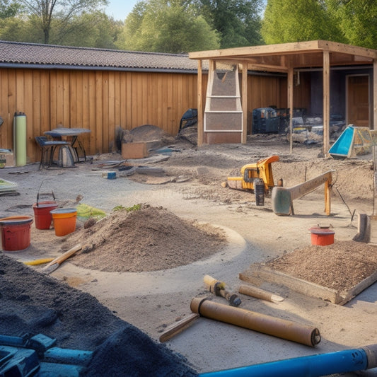 A cluttered construction site with a partially demolished concrete patio, surrounded by various tools including a jackhammer, concrete saw, demo hammer, and pry bars, with a faint outline of a renovated backyard in the background.