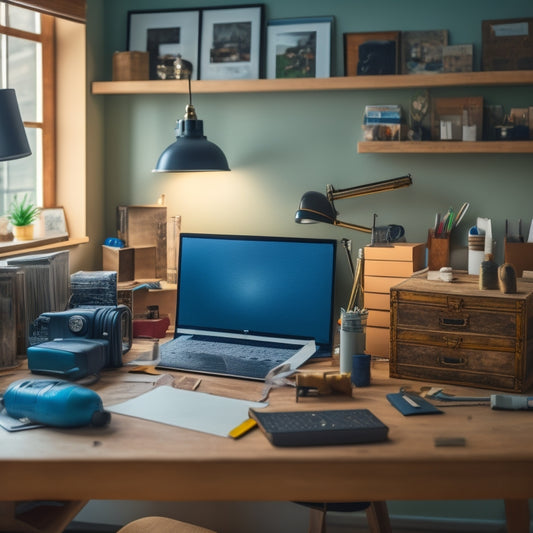 A cluttered home office with renovation plans and laptop surrounded by various online shopping boxes, tools, and materials, with a partially renovated background and a hint of a modernized space.