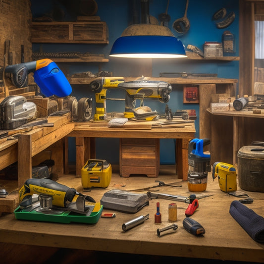 An organized workshop with a workbench, surrounded by various power tools, including a circular saw, drill press, and impact driver, with safety goggles and a first aid kit prominently displayed.