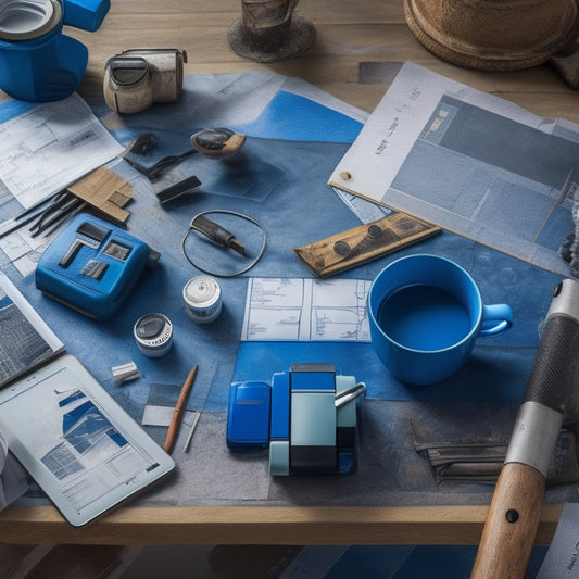 A cluttered home renovation workspace with scattered blueprints, paint swatches, and construction tools, surrounded by an iPad displaying a 3D room design, with a stylus and coffee cup nearby.