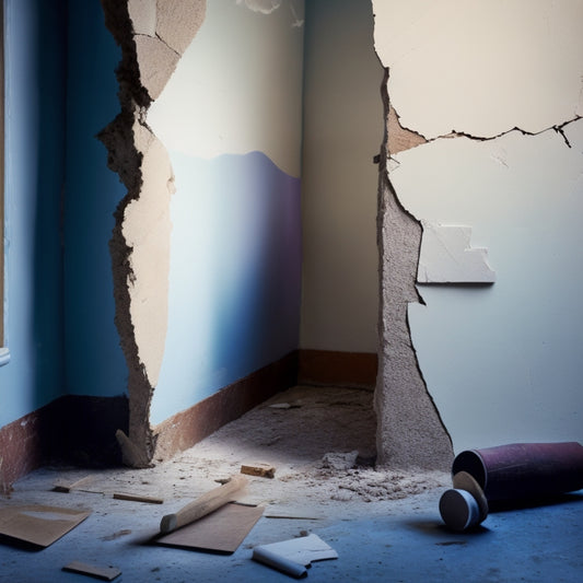 A cracked wall with a faint outline of a renovated room in the background, with a large Band-Aid covering the crack, surrounded by scattered renovation tools and materials.