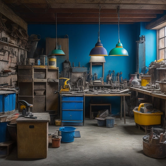 A cluttered workshop with 7 different plastering machines, each with distinct features and colors, surrounded by tools, buckets, and DIY renovation materials, with a blurred background of a partially renovated room.