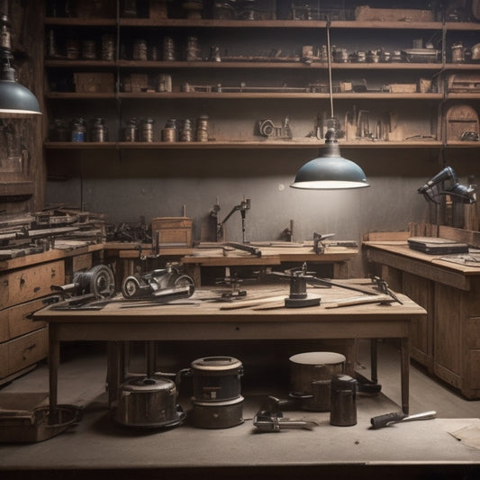 An organized workshop with a workbench in the center, surrounded by neatly arranged tools, including a drill press, circular saw, and hammer, with a faint blueprints design on the wall behind.