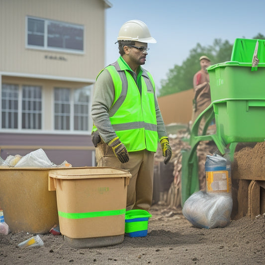 An illustration of a person in a hard hat, standing amidst a renovated home's construction site, surrounded by labeled recycling bins, a compost pile, and a dumpster with a green tick symbol on it.