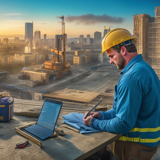 An image depicting a renovation site with a contractor holding a tablet, surrounded by organized tools and materials, with a subtle cityscape background and a faint blueprint overlay on the foreground.