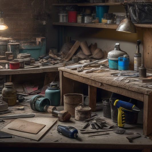 A cluttered workbench with a variety of tools and materials, including a cordless drill, putty knife, joint compound, sandpaper, and a bucket of spackling paste, surrounded by drywall scraps.
