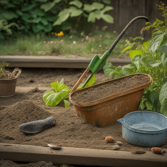 A worn, rusty gardening tool lies broken on the ground, surrounded by scattered seeds and torn gardening gloves, amidst a backdrop of a half-renovated garden with overgrown weeds and a partially constructed wooden trellis.