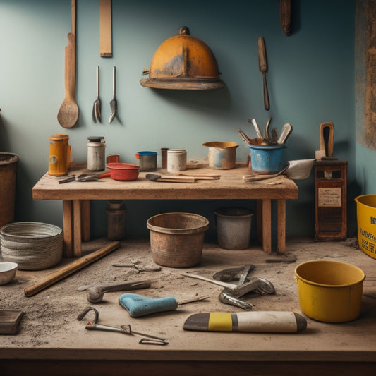 A cluttered workshop table with various trowels from different brands, surrounded by small renovation tools and materials, with a subtle background of a renovated bathroom or kitchen.