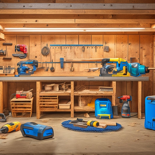 A well-organized garage workshop with a pegboard backdrop, featuring a cordless drill, impact driver, circular saw, and miter saw prominently displayed on a sturdy workbench, surrounded by scattered wood shavings.