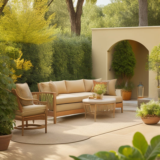 A serene, sunny backyard with a renovated stucco exterior, featuring a warm beige tone, clean lines, and a subtle texture, surrounded by lush greenery and a few outdoor furniture pieces.