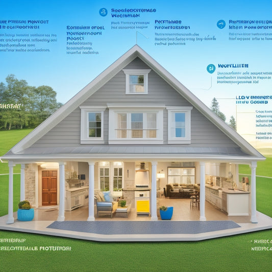 A illustration of a renovated home with various icons and symbols highlighting key areas of moisture protection, including a roof with a waterproof membrane, a wall with a vapor barrier, and a bathroom with a shower pan.