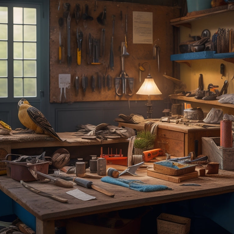A clutter-free, well-lit workbench with a comprehensive assortment of plastering tools, including trowels, floats, and hawks, arranged in an organized and visually appealing manner.