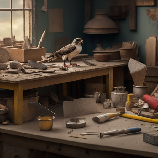 A cluttered workbench with various plastering tools scattered around, including a hawk, trowel, joint knife, and mixing bucket, with a blurred background of a half-plastered wall.
