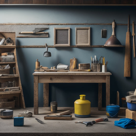 A tidy, well-organized workspace with a renovated interior block wall in the background, featuring a variety of tools including a level, trowel, and hammer, amidst scattered blocks and mortar.