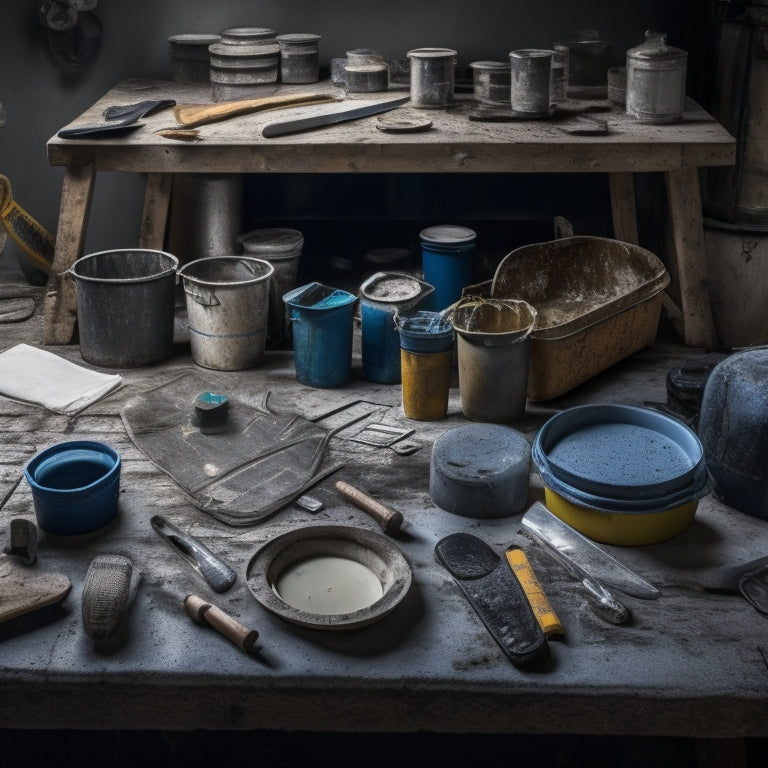 A cluttered workshop table with 10 distinct waterproofing membrane tools, including a notched trowel, seam roller, and utility knife, surrounded by rolls of membrane, buckets, and scattered renovation plans.