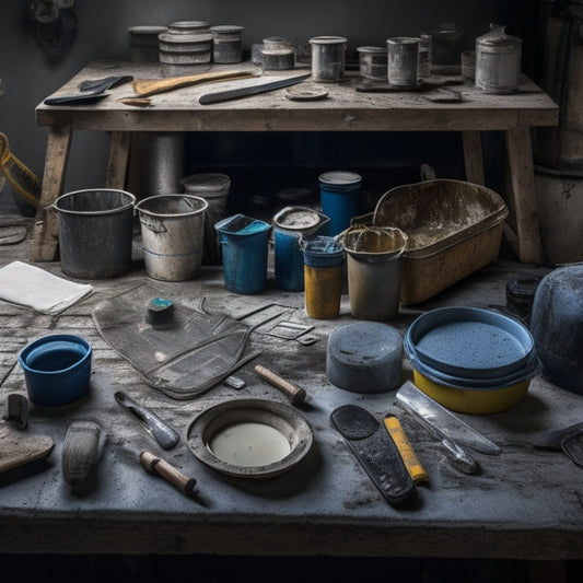 A cluttered workshop table with 10 distinct waterproofing membrane tools, including a notched trowel, seam roller, and utility knife, surrounded by rolls of membrane, buckets, and scattered renovation plans.