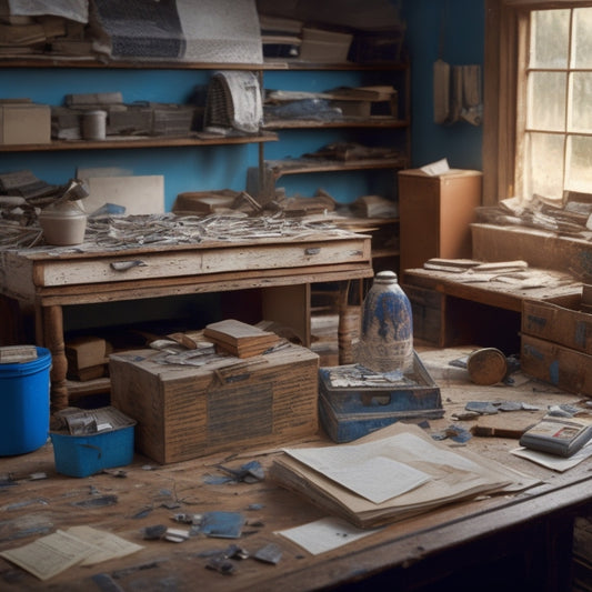 A messy workshop with scattered renovation materials, a half-assembled bookshelf, and a torn adhesive strip roll, surrounded by calculators, receipts, and scattered coins, with a faint blueprint on the wall.