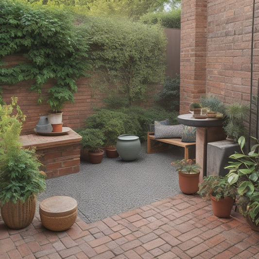 A serene, partially renovated patio with a mix of old and new materials: worn terracotta pavers, fresh greenery, and a DIY wooden bench amidst scattered tools and renovation supplies.
