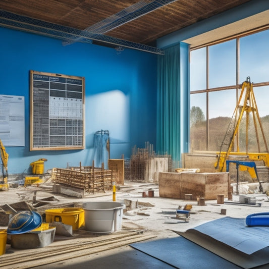 A serene, well-organized construction site with a partially renovated room in the background, featuring a large calendar on an easel, surrounded by rolled blueprints, hard hats, and a few scattered tools.