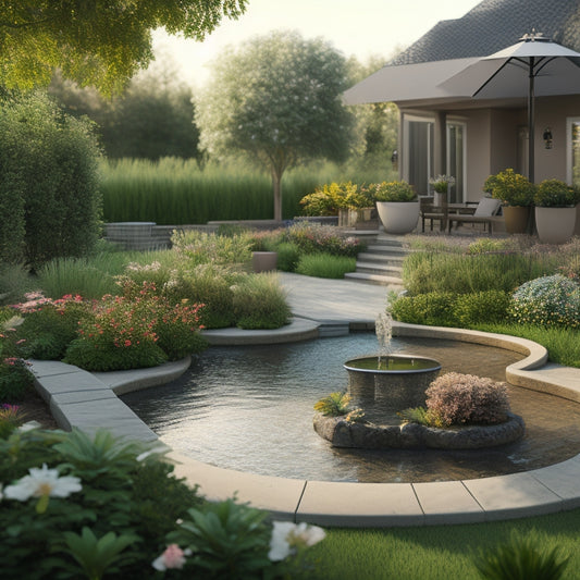 An illustration of a serene suburban backyard with a renovated patio, surrounded by lush greenery, featuring a mix of modern outdoor furniture and a small pond with a tiny fountain.