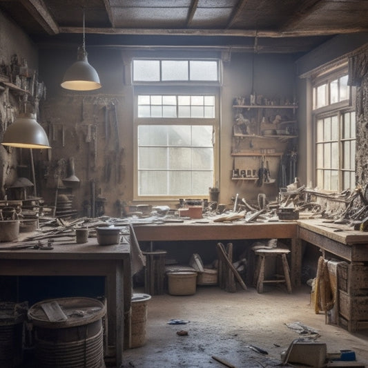 A cluttered workshop with various ceiling plastering tools scattered on a wooden workbench, surrounded by renovation materials, with a faint outline of a ceiling in the background.