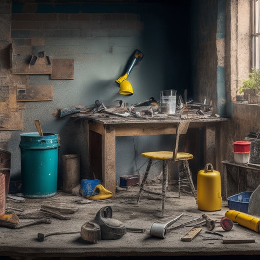A cluttered workspace with a partially demolished exterior block wall, surrounded by scattered renovation tools, including a hammer, trowel, level, mixing bucket, and safety gear, amidst a backdrop of building materials.
