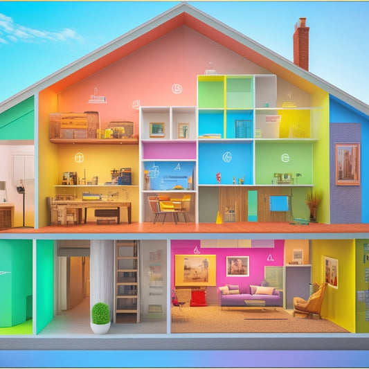 A stylized illustration of a house with various rooms highlighted in different colors, each containing renovation tools and materials, with arrows and lines connecting them to form a timeline, surrounded by checkboxes.