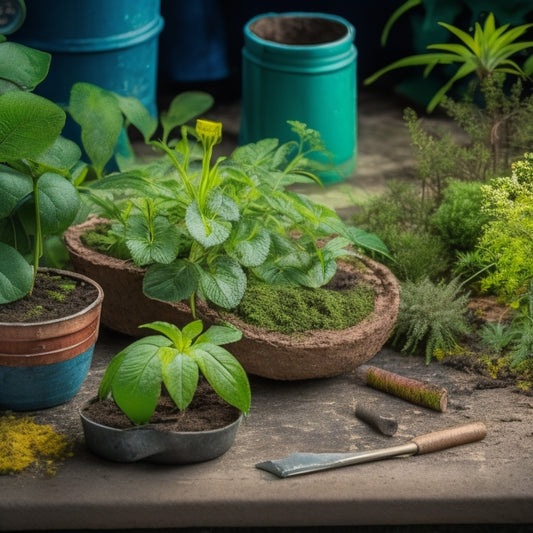 A worn, cracked block planter with overgrown plants and weeds, surrounded by scattered gardening tools and a measuring tape, with a faint blueprint or sketch in the background.