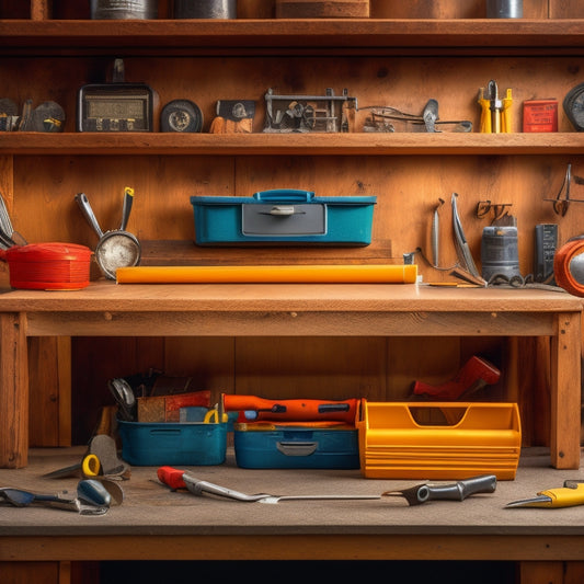 A tidy, organized toolbox with various tools and instruments, including a hammer, level, tape measure, and screwdrivers, arranged on a clean, wooden workbench with a subtle background of a renovated room.