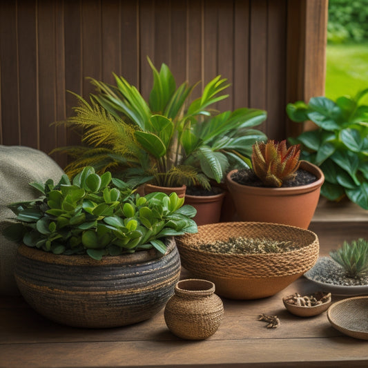 A stylized, overhead shot of a wooden table with various planter materials, including a distressed terra cotta pot, a woven rattan basket, a sleek concrete vessel, and a repurposed vintage metal tub.