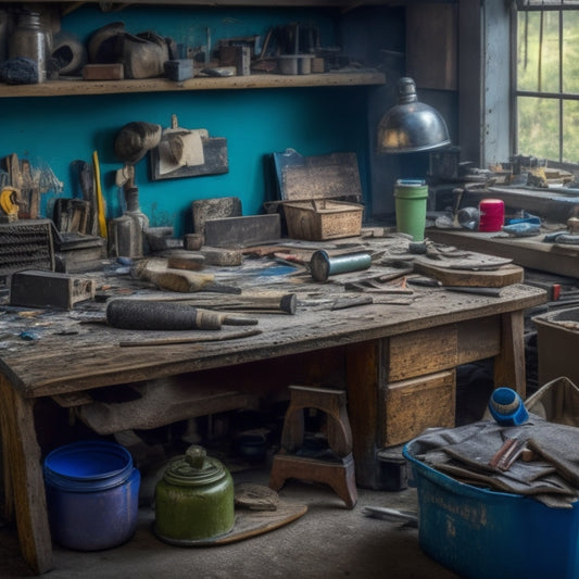 A cluttered workbench with various finishing tools, including a dusty orbital sander, a paintbrush with dried paint, and a rusty hammer, surrounded by renovation debris, with a faint hint of a clean workspace in the background.