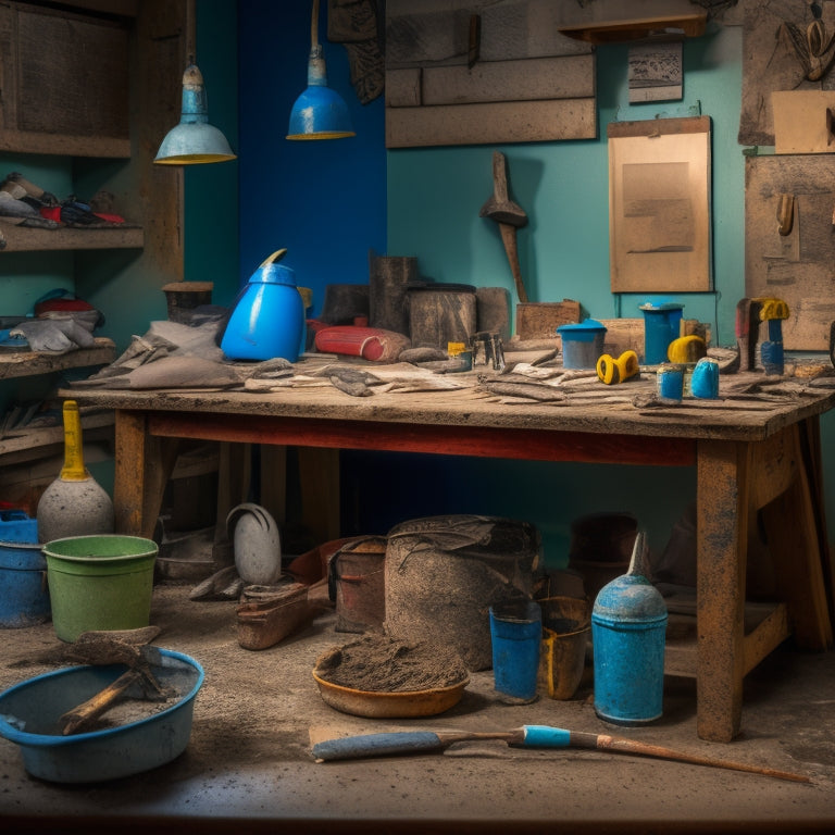 A cluttered workbench with a variety of plastering tools scattered across it, including a hawk, trowel, putty knife, joint knife, and sandpaper, surrounded by buckets of plaster and water.