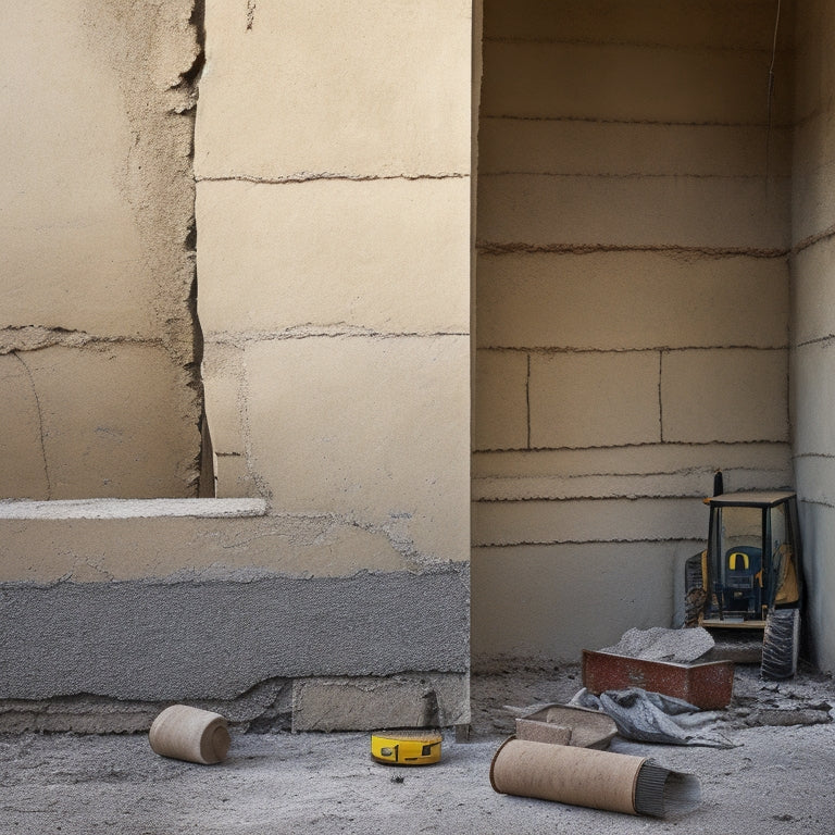 A cracked and faded stucco exterior wall with a crumbling corner, surrounded by construction equipment and a measuring tape, with a faint blueprint or architectural drawing in the background.