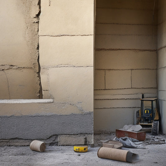 A cracked and faded stucco exterior wall with a crumbling corner, surrounded by construction equipment and a measuring tape, with a faint blueprint or architectural drawing in the background.