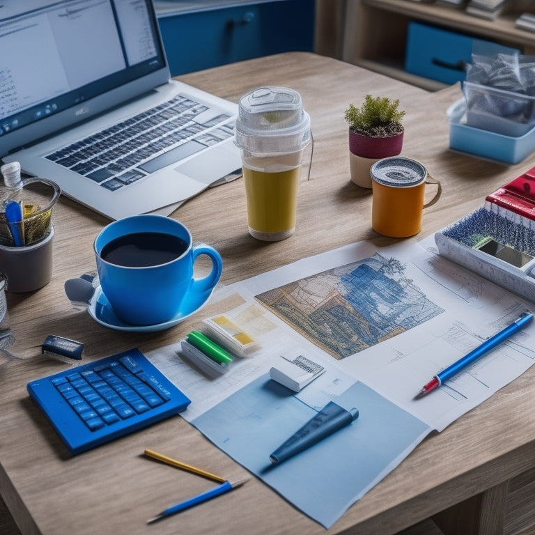 A tidy, well-organized desk with a laptop, a cup of coffee, and a set of colorful pens, surrounded by scattered blueprints, paint swatches, and a miniature hammer, with a subtle background of a half-renovated room.