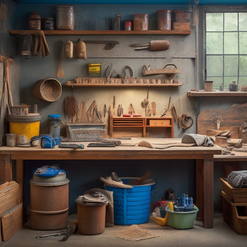 Image of a tidy, well-organized workshop with a workbench and pegboard displaying a range of specialized plastering tools, including a hawk, trowels, putty knives, joint knife, and plaster mixing bucket.