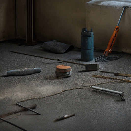 A gritty, close-up shot of a worn, cracked concrete floor with a few rusty rebar rods exposed, surrounded by scattered renovation tools and a handheld concrete scanner device in the center.