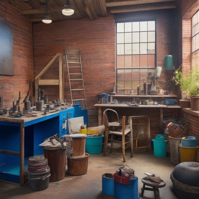 A cluttered workshop with scattered tools, paint swatches, and half-finished projects, featuring a mid-renovation living room with exposed brick, torn wallpaper, and a ladder leaning against a partially painted wall.
