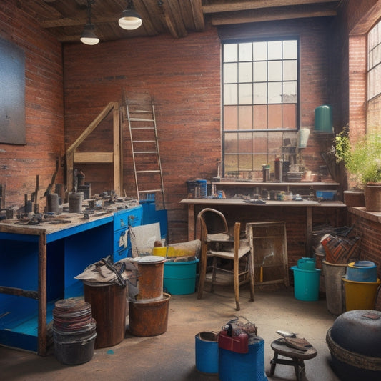 A cluttered workshop with scattered tools, paint swatches, and half-finished projects, featuring a mid-renovation living room with exposed brick, torn wallpaper, and a ladder leaning against a partially painted wall.