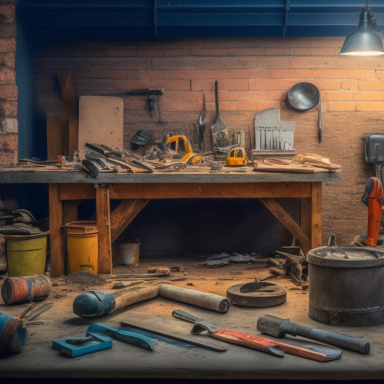 A cluttered workbench with a variety of demolition tools scattered across it, including a sledgehammer, pry bar, wrecking ball, and bolt cutters, with a partially demolished brick wall in the background.