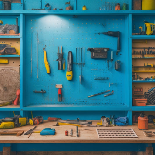 A clutter-free workshop with a pegboard covered in neatly arranged tools, including a level, pliers, and a drill, surrounded by partially renovated walls with exposed studs and wires.