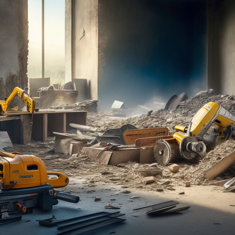A messy construction site with a half-demolished concrete wall, scattered debris, and a variety of saws laid out, including a circular saw, reciprocating saw, and diamond blade saw, amidst dust and rubble.