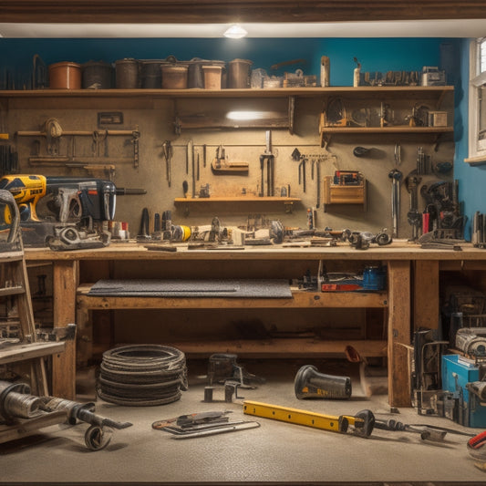 A cluttered but organized workshop background with a central workbench, surrounded by various tools and gadgets, including a tape measure, level, drill, and wrench, with a partially renovated wall in the background.