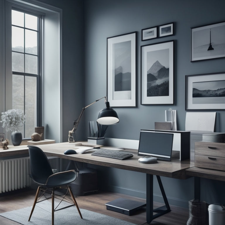 A modern, minimalist home office with a large, sleek desk, a Mac computer, and a scattered array of design tools, including a architectural scale, pencils, and a partially unrolled blueprint.