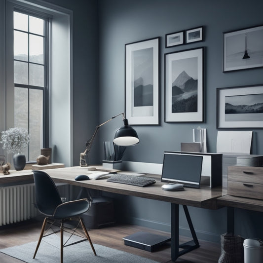 A modern, minimalist home office with a large, sleek desk, a Mac computer, and a scattered array of design tools, including a architectural scale, pencils, and a partially unrolled blueprint.