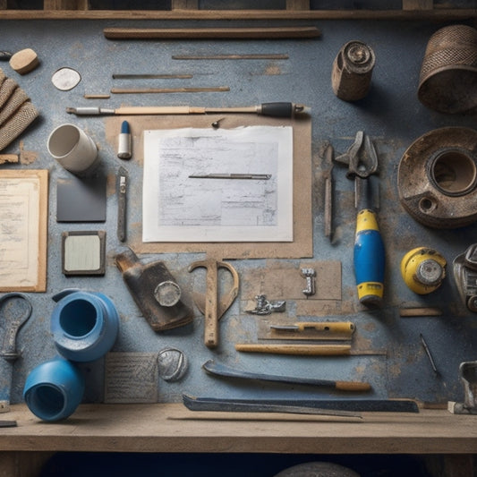 A cluttered workspace with scattered tools, blueprints, and broken tiles, contrasted with a clean and organized background featuring a neatly arranged toolkit, a level, and a contractor's belt.